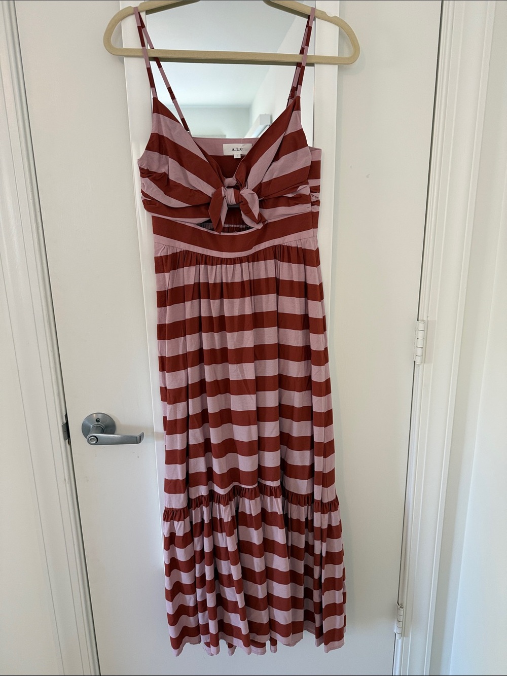 A.L.C. Striped Bow-Front Maxi Dress in Burgundy and Light Pink